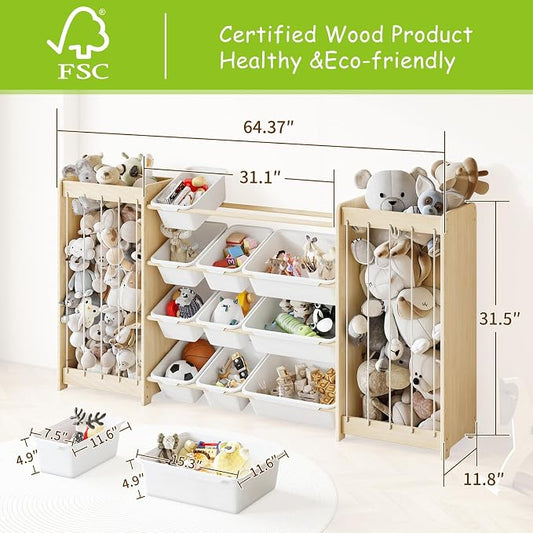 EXPERLAM Large Toy Storage Organizer, Wooden Stuffed Animal Storage & 12-Bins Toy Organizer, Double-Sided Plush Toy Holder Featuring Thicker Ropes, Space Save Playroom Nursery Bedroom Storage, White