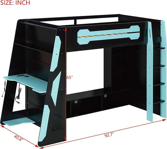 Merax Twin Size Loft Bed with Desk, Multi-Storage Shelves and RGB Light | Space-Saving Wooden Gaming Bed Frame with Charging Station and Guardrail