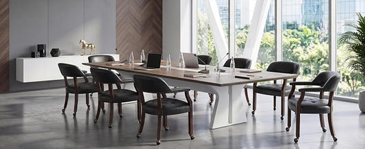 LEEMTORIG Set of 8 Large Dining Chairs with Casters and Arms, Rolling Dining Chairs with Wheels, Accent Poker Game Chairs, Wood Office Chairs, Cherry Legs & Black SY-1533-BK