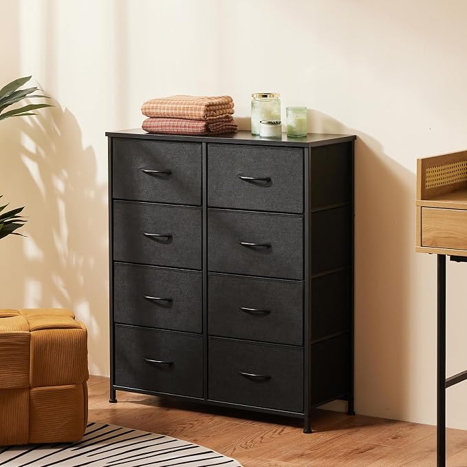 Sweetcrispy 8 Drawer Black Dresser for Bedroom Tall, Organizer Storage | Fabric Storage Tower, Chest of Drawers with Steel Frame, Wood Top for Living Room, Closet