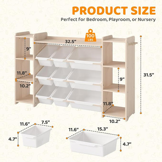 GITAWUSA Toy Storage Organizer, Kids Bookshelf with 6 Shelves, 9 Toy Bins & 6 Hooks | Toy Shelf, Storage Bin Unit, Toy Organization for Playroom, Nursery, Bedroom, Toddler Room, White, 57''W