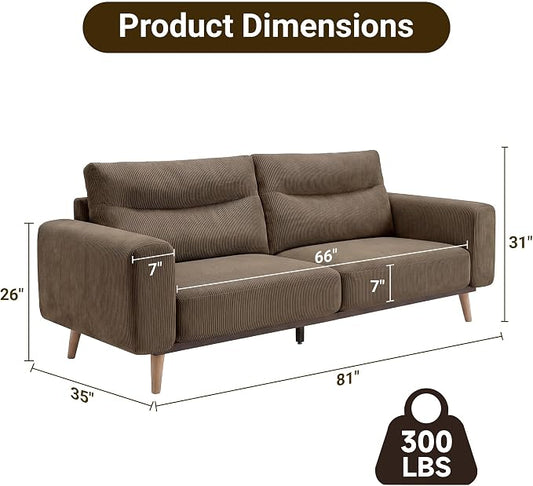 Claiks 81" Oversized Loveseat Sofa, Mid Century Modern Couch for Living Room, Bedroom & Apartment, Corduroy Upholstered 2-3 Seater Sofa with Sturdy Metal Frame, Easy Assembly, Brown