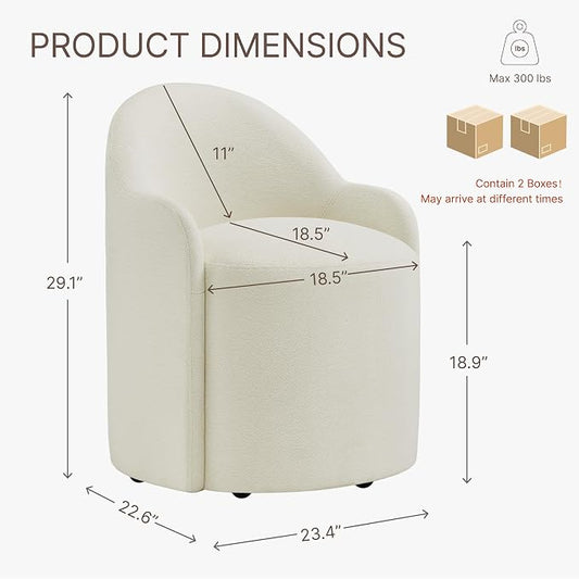 KISLOT Upholstered Dining Chairs with Casters, No Assembly Modern Dining Room Chairs Accent Vanity Chair with 5 Wheels & Round Backrest for Bedroom, Living Room, Dressing, Linen Fabric, Set of 2