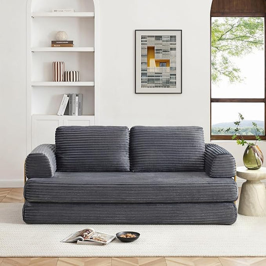 HANXIN 80 Inch Convertible Sleeper Sofa Bed, High Back Plush Corduroy Folding Floor Mattress Couch with Fixed-Shape Frame, Boneless Futon Loveseat with Pull Out Bed, No Assembly Required (Grey)
