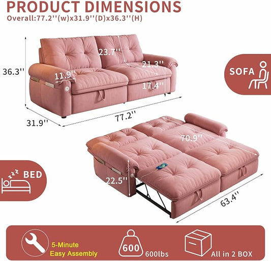 77.2'' Pull Out Couch Full Size, Pre-Assembled Sleeper Sofa Bed, Flannel Convertible Futon Sofa Bed with Adjustable Backrest, USB, Side Pockets, Loveseat for Living Room, Apartment, Pink