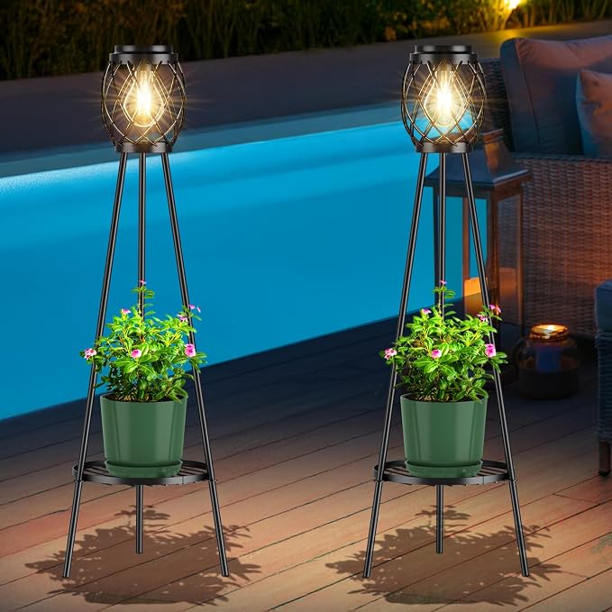 MXwcy 2 Pack Solar Lights Outdoor with LED Edison Bulbs, Vintage Style Solar Floor Lamp with Plant Stands, Weatherproof Garden Lights for Pathway, Patio, Yard, Porch Decor 8-10 Hours Lighting