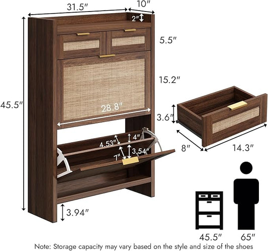 HOKYHOKY Rattan Shoe Storage Cabinet with 2 Drawers & 2 Flip Drawers – Hidden Slim Shoe Organizer for Entryway, Large Tabletop Space, Farmhouse Boho Narrow Shoe Rack, Walnut