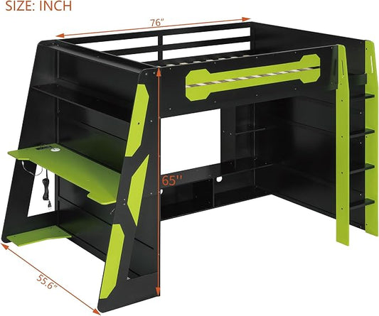Merax Full Size Loft Bed with Desk, Multi-Storage Shelves and RGB Light | Space-Saving Wooden Gaming Bed Frame with Charging Station and Guardrail