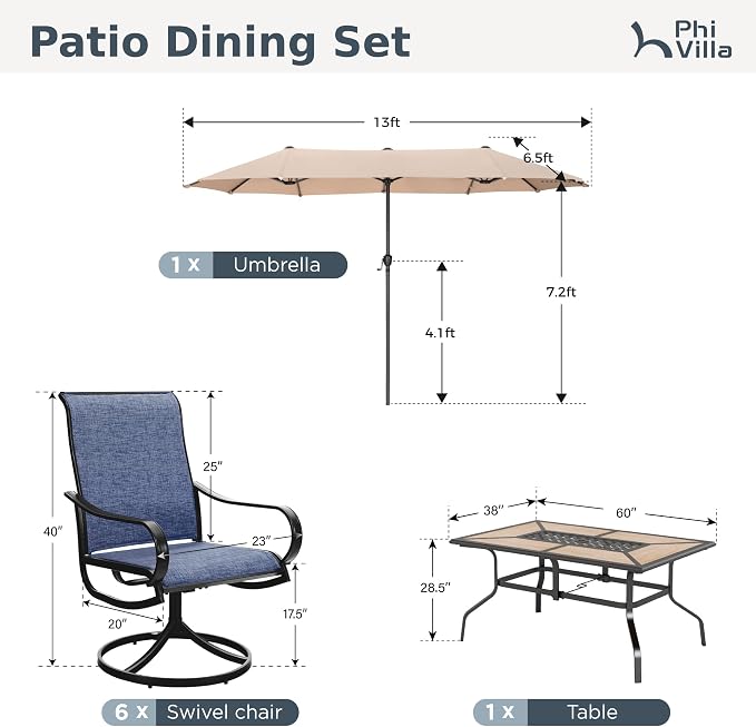 PHI VILLA Patio Dining Set with Umbrella for 6 Person, Outdoor Swivel Dining Chairs & 1 Large Wooden-Like Top Table with 13ft Beige Outdoor Umbrella(No Base) for Deck Lawn Garden Backyard