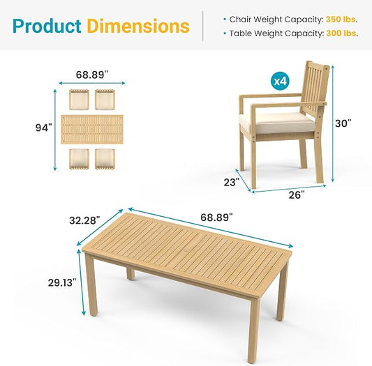 FansaFurn 5 Pieces Acacia Outdoor Patio Table and Chairs Set for All-Weather, Outside Furniture with Table Umbrella Hole and Removable Cushion for 4, Outdoor Patio Furniture Set for Garden, Beige
