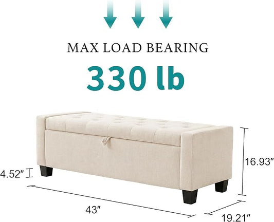 Huatean Home 43" Ottoman with Storage, Storage Ottoman Bench with Safety Hinge, Upholstered Entryway Bench with Seating for Bedroom, Living Room, Holds up to 330 lb, Beige
