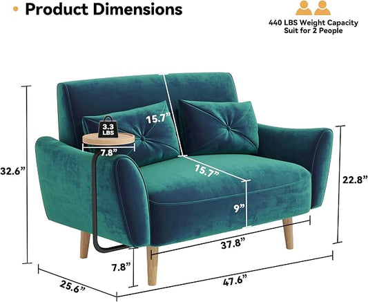 Brelice Loveseat Sofa, 47" Velvet Couch for Bedroom, Convertible Wooden Tray & Ergonomic Armrest, for Small Space, Apartment, Living Room, Home Office, Easy Assembly, Green