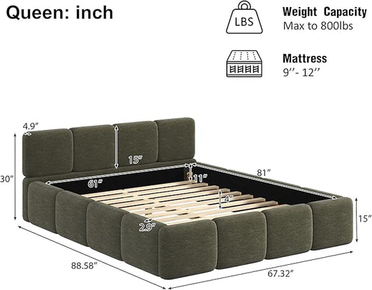 Merax Queen Size Boucle Platform Bed with Thick Headboard and Footboard, Block Style Upholstery Grounded Bed Frame, Green