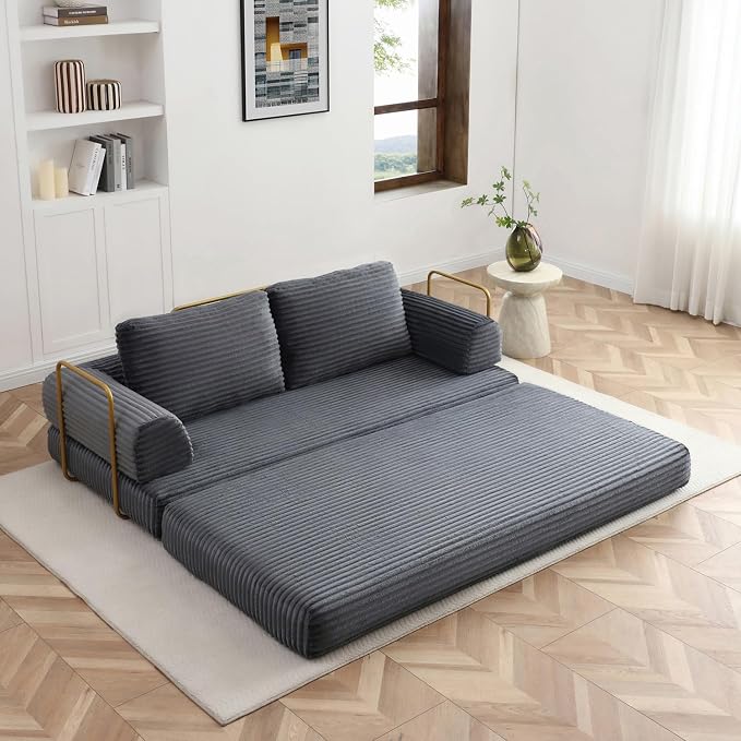 HANXIN 80 Inch Convertible Sleeper Sofa Bed, High Back Plush Corduroy Folding Floor Mattress Couch with Fixed-Shape Frame, Boneless Futon Loveseat with Pull Out Bed, No Assembly Required (Grey)