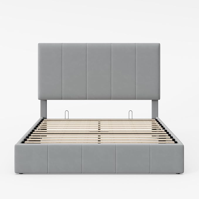 Allewie Queen Size Velvet Lift Up Storage Bed Frame, Vertical Channel Tufted Headboard, Hydrualic Underneath Storage, Upholstered Platform Bed, Wooden Slats Support, No Box Spring Needed, Gray