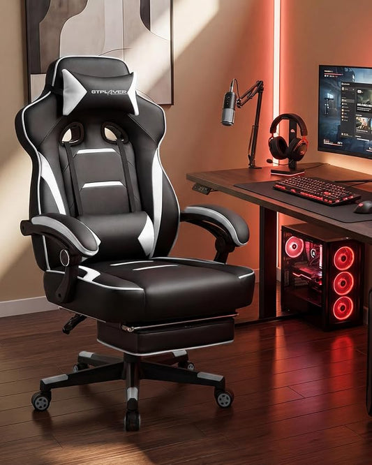 GTPLAYER Gaming Chair with Footrest, Big and Tall Game Chair 350lb Racing Style Computer Chair, Ergonomic Executive Office Chair High Back with Lumbar Support and Recliner, White