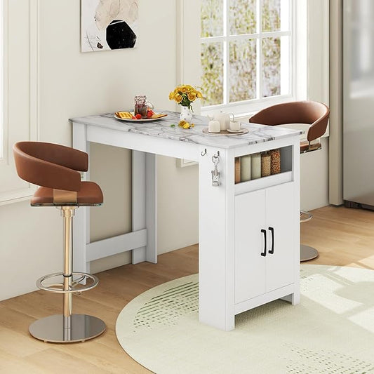 COSTWAY Bar Table, Modern Faux Marble Breakfast Table with 7 Hanging Hooks, Open Compartment, Storage Cabinet & Adjustable Shelf, Counter Height Dining Table for Kitchen, Dining Room, Living Room
