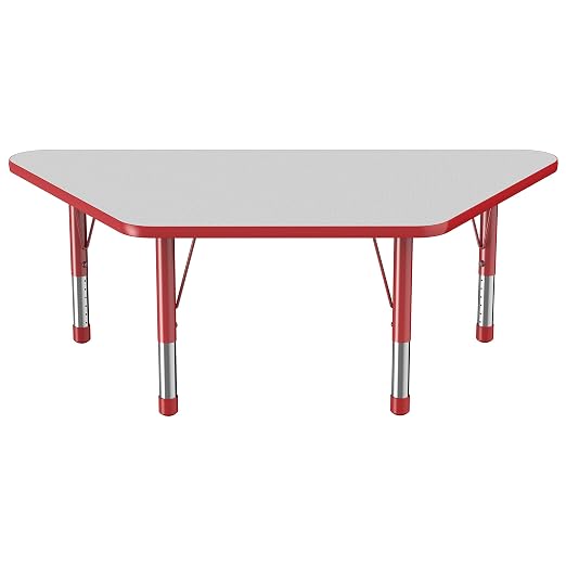 FDP Trapezoid Activity School and Classroom Kids Table (30 x 60 inch), Chunky Toddler Legs for Collaborative Seating Environments, Adjustable Height 15-24 inches - Gray Top and Red Edge