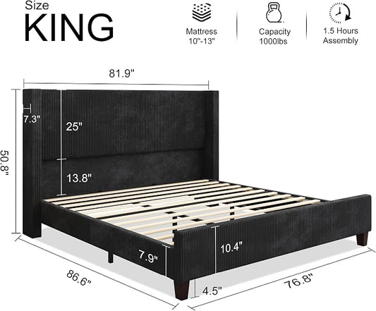 HOWE King Size Bed Frame with 50.8 Inch Corduroy Wingback Headboard, Black | Modern Upholstered Platform Bed, Solid Wood Slats, No Box Spring Needed, Noise-Reducing Design