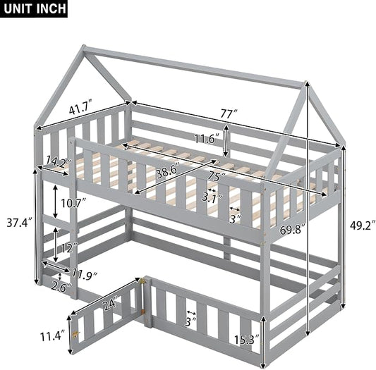 SOFTSEA Twin Over Twin House Bunk Bed, Solid Wood House Bunk Bed Frame with Ladder, Door & Safety Guardrails, Floor Bunk Beds for Kids, Noise Free, Easy Assembly, Grey