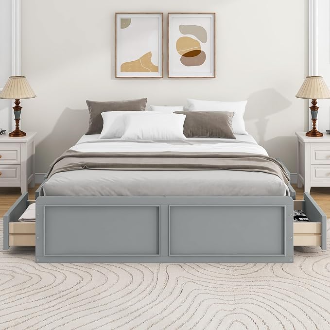 Merax Wood Queen Size Platform Bed Frame with 6 Drawers, Storage Bed Frame Without Headboard for Kids Teens and Adults, Gray