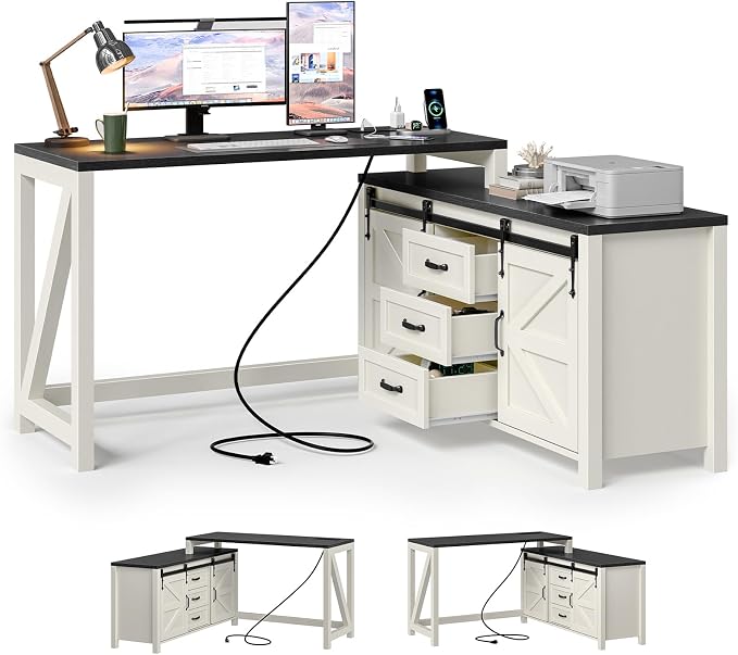 Executive L Shaped Office Desk with Drawers, Farmhouse Corner Desk for Home Office with Storage Cabinet, Computer Desk with Charging Station, Reversible Study Writing Table Workstation, Rustic White