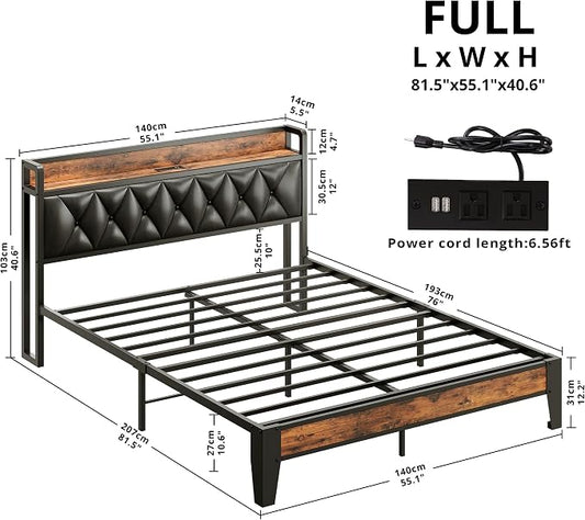 ANCTOR Full Bed Frame, Storage Headboard with Outlets, Easy to Install, Sturdy and Stable, No Noise, No Box Springs Needed, Rustic Brown and Black