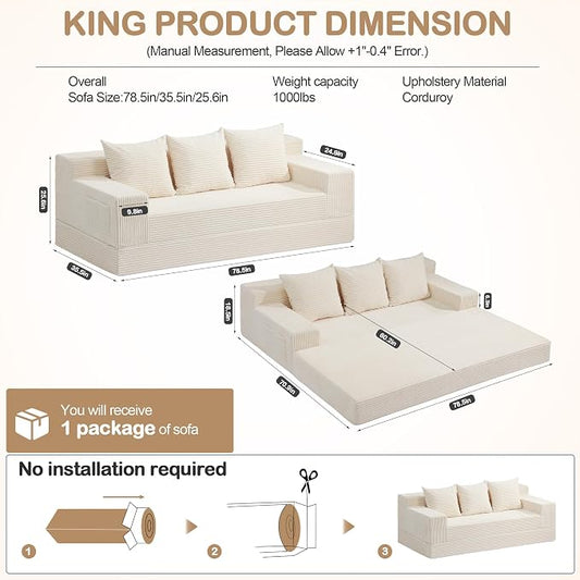 78.5” Convertible Sofa Bed,Corduroy 3 Seater Boneless Couch Bed Futon,Fold Out Couch with 3 Pillows,Loveseat Sleeper with Pull Out Bed for Living Room, Guest,Bedroom,Beige
