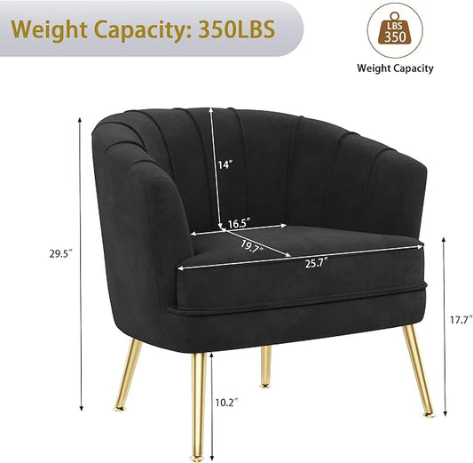Andeworld Velvet Accent Chair Set of 2, Upholstered Modern Single Sofa Side Chair,Comfy Barrel Club Living Room Armchair with Golden Metal Legs for Bedroom Living Reading Room Office, Black