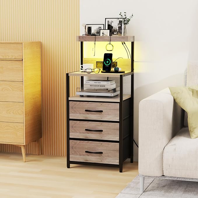 SZLHANJZ Night Stand with Charger Station, 3 Drawers Nightstand with Storage and LED Lights, Shelves, and Hooks, Bed Side End Table for Bedroom Dorm, Greige