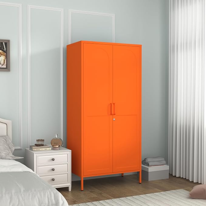Metal Wardrobe with Lock 67"Clothing Steel Storage Cabinet Locker Hanging Rod And Adjustable Shelves 2 Doors Household kids wardrobe closet Lockers For Bedroom Home Orange Size:67"H X 31.5"W X 18.1"D