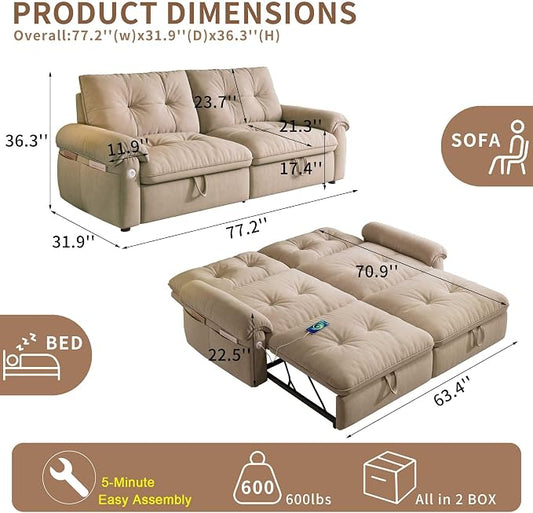 77.2'' Pull Out Couch Full Size, Pre-assembled Sleeper Sofa Bed, Flannel Convertible Futon Sofa Bed with Adjustable Backrest, USB, Side Pocket, Loveseat for Living Room, Apartment, Light Brown