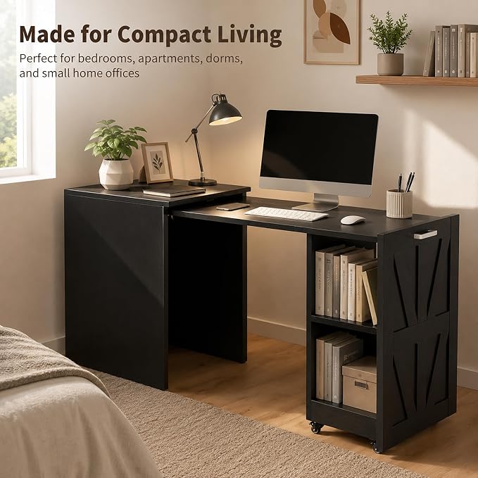 Foldable Desk with Charging Station, Rolling Computer Desk with Storage Shelf for Small Spaces, Pull-Out Home Office Table for Bedroom, Apartment, Dorm, Black