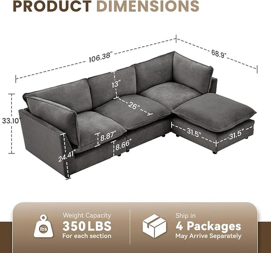 Iroomy Modular Sectional Sofa, Oversized Chenille Cloud Couch, Deep Comfy Seat, 4-Seater Sofas, Couches for Living Room, Dark Grey