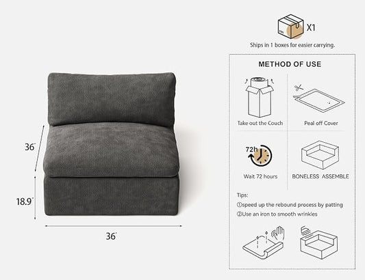 36 Inch Middle Seat | Modular Sectional Couch Sofa | Dark Grey
