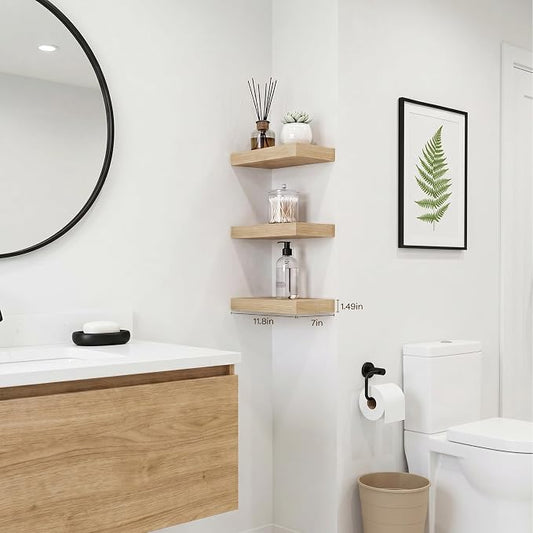 Oak Floating Shelves Set of 3,11.8 Inch Small Wall Shelves for Bathroom,Bedroom,Kitchen,Above Toilet Shelves