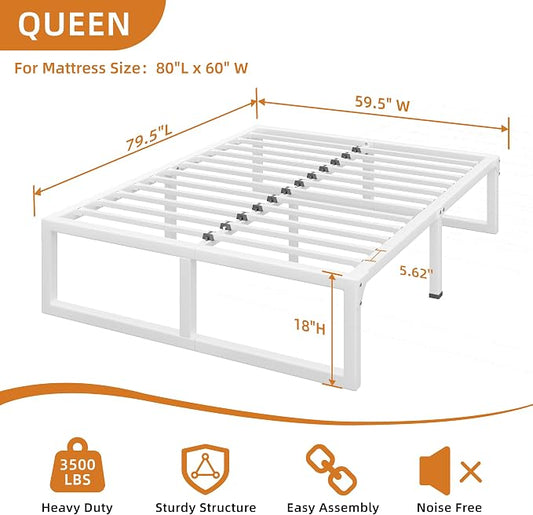 Queen Bed Frame, 18 Inch Metal Platform Bed Frames with Squeak Free U-Slot Design, 6 Non-Slip Guards, 3500lbs Heavy Duty Steel Slat Support, No Box Spring Needed, Under Bed Storage, White