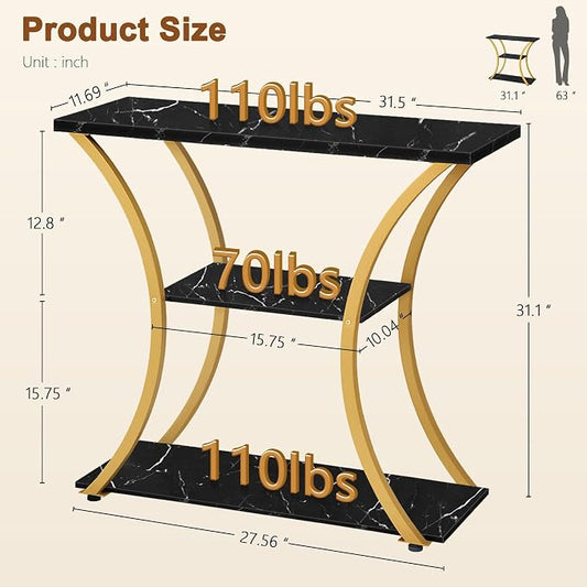 Hoctieon 3 Tier Console Table with Open Wood Shelves, Decorative Entryway Table with Curved Metal Frames, Narrow Sofa Table for Entrance, Living Room, Hallway, Gold and Black Marbled