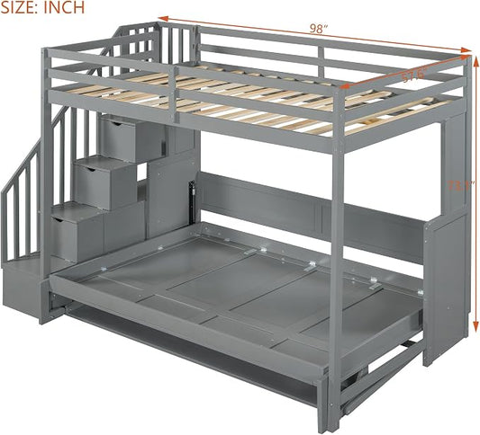 Merax Modern Farmhouse Solid Wood Loft Bed with Murphy Bed Cabinet w/Hydraulic Lift Full Over Full, Wall Bunk Bed with Storage Staircase, Shleves & Desk/Space Saving/Wood Slat Support/Gray