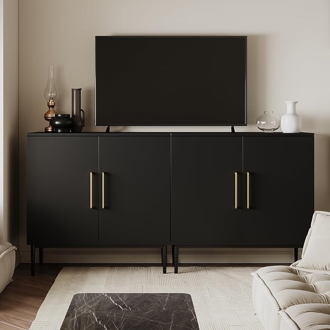 Set of 2 Black Storage Cabinet with Doors, Modern Accent Cabinet, Free Standing Cabinet with Adjustable Shelf, Wooden Buffet Sideboards for Living Room, Kitchen, Dining Room, Entryway