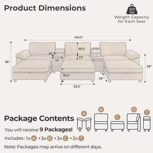 SITJOY Large Cloud Couch, 146" Wide 3 Seater Sofa Bed with Console, Brown | Pet-Friendly Scratch-Resistant Leather Sectional Sofas for Living Room, Deep Seat Wide Couch with Chaise, Storage Ottoman