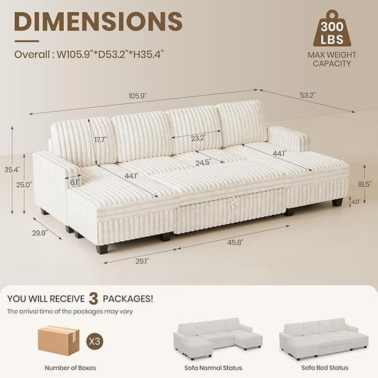 Belffin Modular Sectional Sleeper Sofa with Pull Out Couch Bed Corduroy Double Chaise with Storage Beige Couch