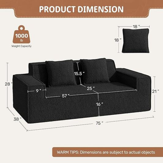 75'' Cloud Loveseat Sofa, No Assembly Required Comfy Deep Seat Couches 1 pcs for Living Room, Bedroom, Apartment(Teddy Fabric-Black)