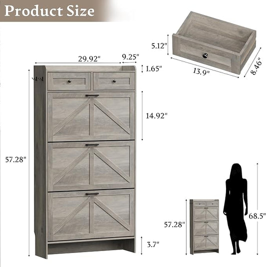 BORNOON Shoe Storage Cabinet for Entryway, Farmhouse Narrow Shoe Cabinet with 3 Flip Drawers & 2 Top Drawers, Adjustable Shelves & Hooks, Freestanding Hidden Rack Organizer for Hallway, Foyer