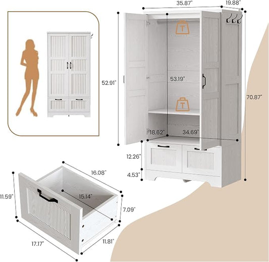 ANCTOR Armoire Wardrobe Closet, 71" H Wooden Clothing Storage Cabinet with 2 Doors and 2 Drawers, Bedroom Freestanding Wardrobe Combination with Hanging Rod and Shelves, White