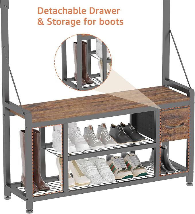 39" Hall Tree with Storage Coat Rack freestanding Entryway Furniture Bench, 5 in 1 Design Front Door Shoe Rack and Wall Rack Hooks, and 4 Drawers (Rustic Brown)