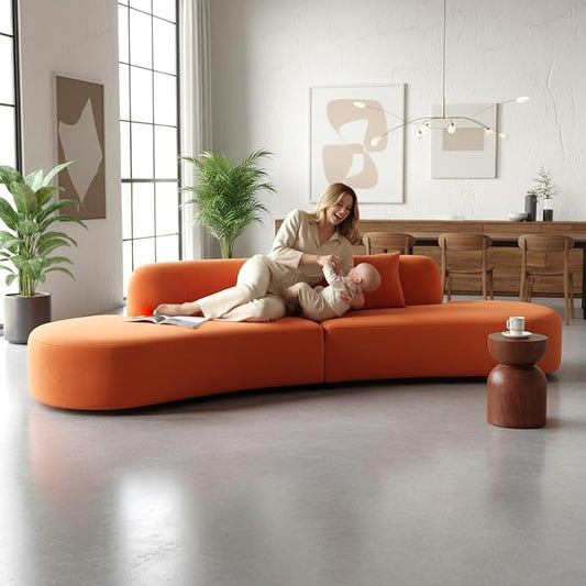 Container Furniture Direct Belmont 132" Curved Sofa with Throw Pillows, 6 Seater Luxury Velvet Couch with Half Moon Design and High-Density Foam, Ideal for Living Room, Office & Apartment, Red Orange