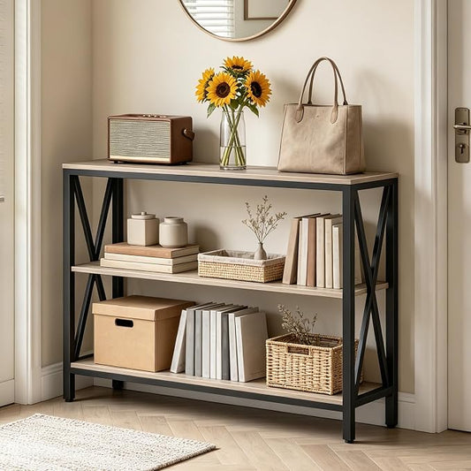 MAHANCRIS 31.5" Sofa Table, Industrial Console Table, 3-Tier Narrow Sofa Table with Storage Shelves, Foyer Table for Entryway, Hallway, Living Room and Bedroom, Easy Assembly, Greige CTHG8001Z1