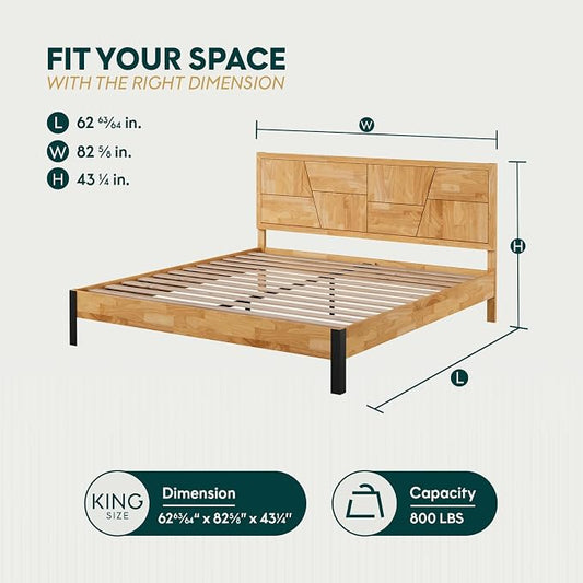Bme Trapeze King Bed Frame – Modern Solid Wood Bed with Smooth Pattern Headboard, Black Metal Legs, Light Natural Finish – Durable King Size Platform Bed for Contemporary Bedrooms