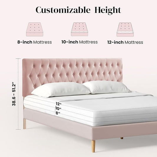 Tufted Upholstered King Size Bed Headboard in Modern Button Design, Adjustable Solid Wood Head Board, Premium Velvet Fabric Padded Headboards in Bedroom (Pink)